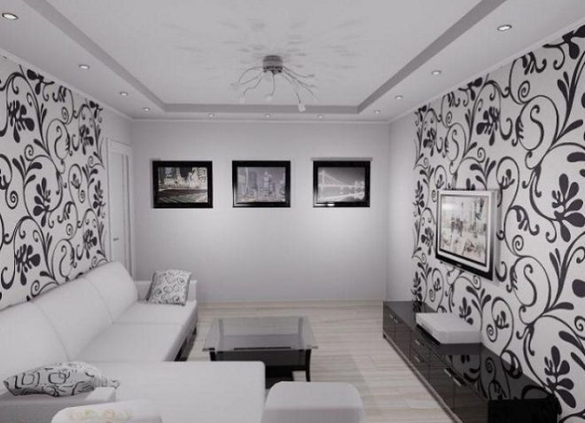juodos ir baltos spalvos tapetai gyvenamajame kambaryje