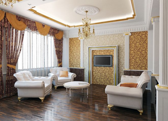 Balta lubų interjeras gyvenamasis kambarys klasikinio stiliaus