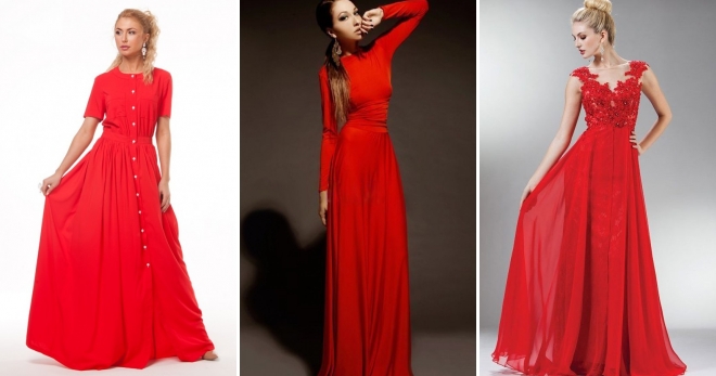 Raudona suknelė grindyse - madingiausias ir gražus vakaras ir atsitiktinis apranga