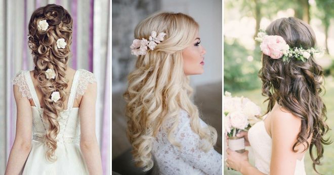 Vestuvių šukuosena su gėlėmis ilgiems plaukams