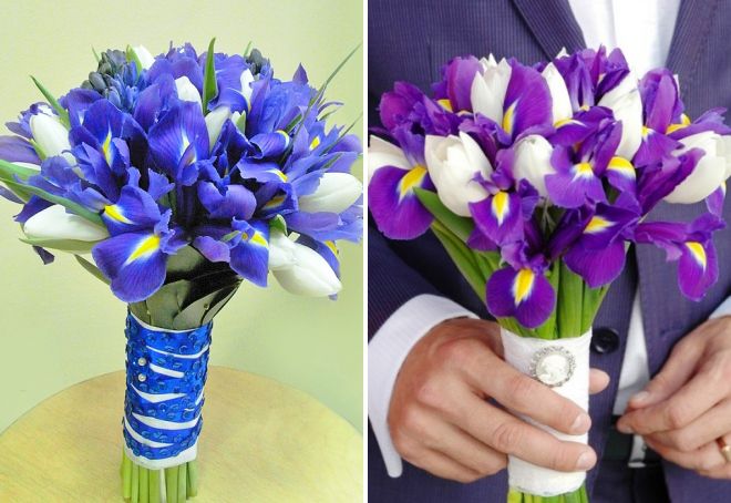 vestuvių puokštė irisų ir tulpių