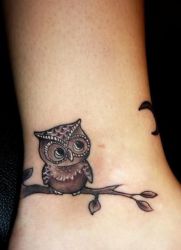 tatuiruotė pelėda ant kojos